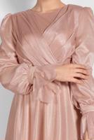 Tesettür giyim PUDRA KOLLARI FIRFIRLI SİMLİ TÜL ABİYE ELBİSE 1710