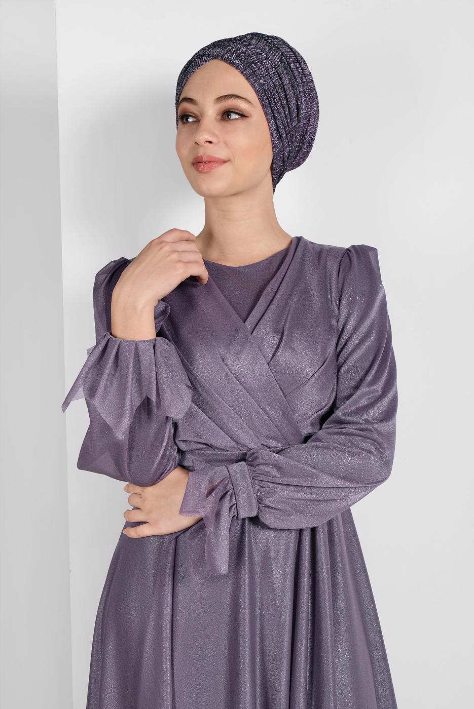 Tesettür giyim MOR KOLLARI FIRFIRLI SİMLİ TÜL ABİYE ELBİSE 1710