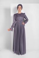 Tesettür giyim MOR KOLLARI FIRFIRLI SİMLİ TÜL ABİYE ELBİSE 1710