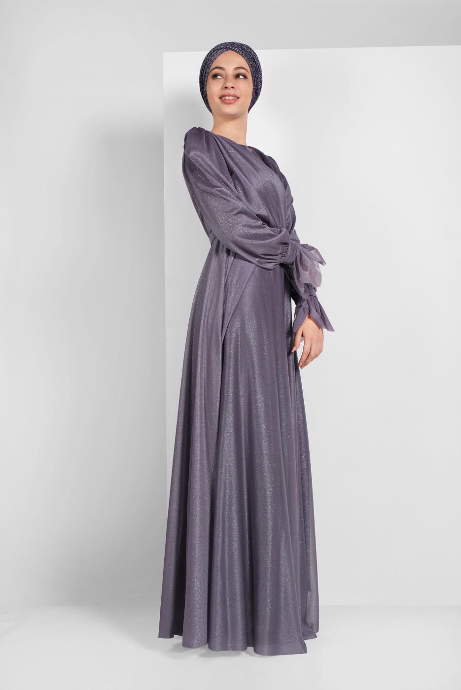 Tesettür giyim MOR KOLLARI FIRFIRLI SİMLİ TÜL ABİYE ELBİSE 1710
