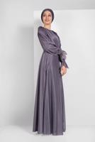 Tesettür giyim MOR KOLLARI FIRFIRLI SİMLİ TÜL ABİYE ELBİSE 1710