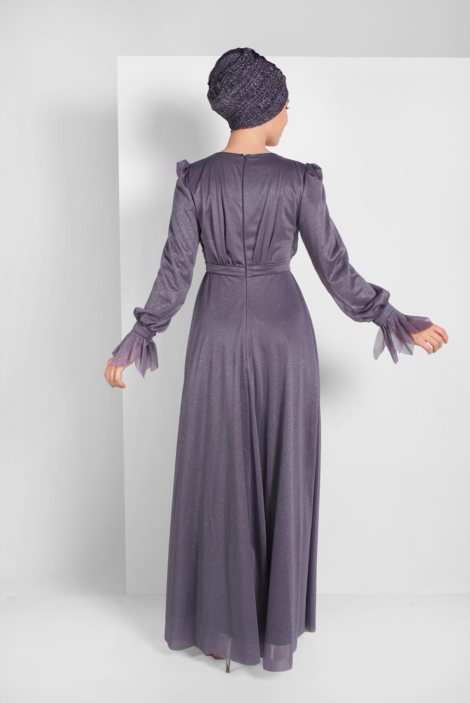 Tesettür giyim MOR KOLLARI FIRFIRLI SİMLİ TÜL ABİYE ELBİSE 1710