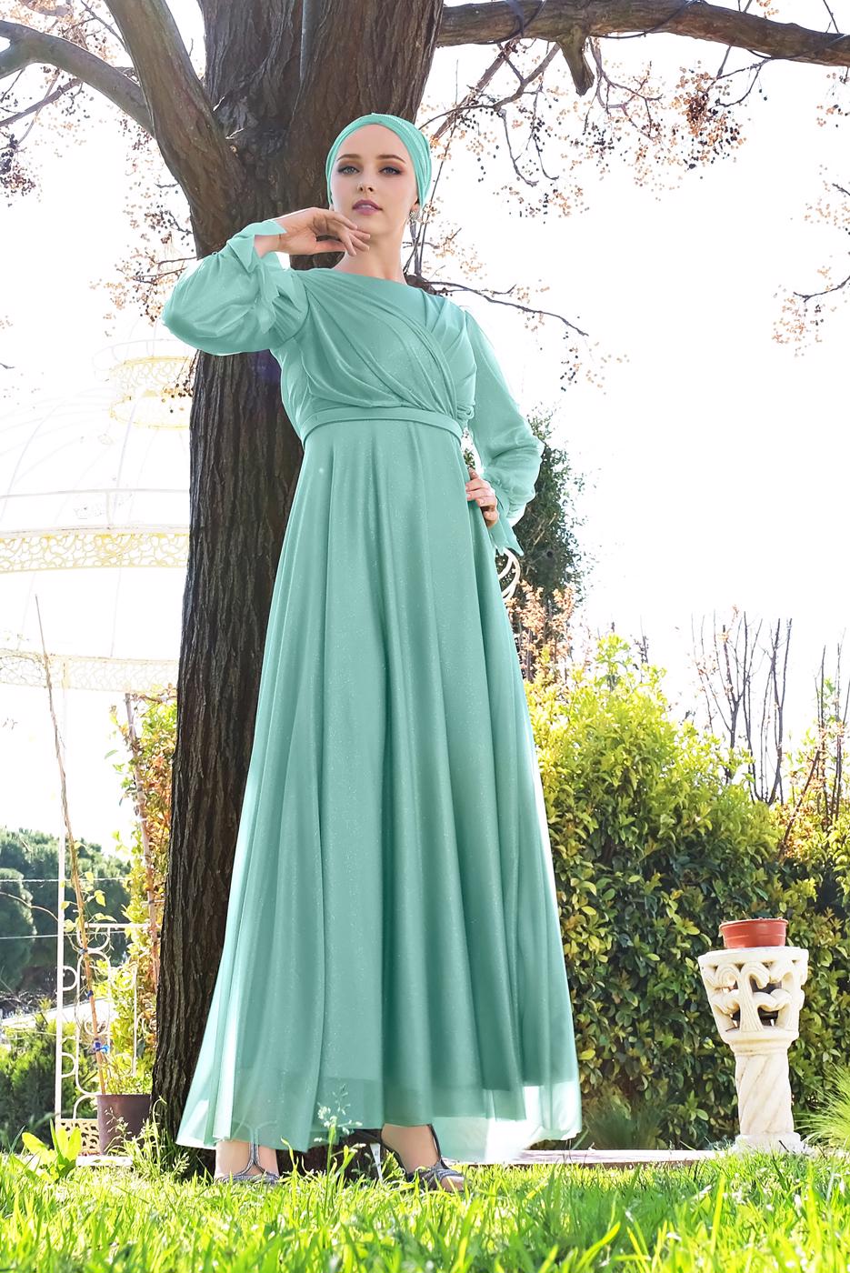 Hijab clothing GREEN RUFFLED TULLE ABAYA 1710