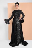 Tesettür giyim SİYAH PUL PAYETLİ ABİYE ELBİSE 1810