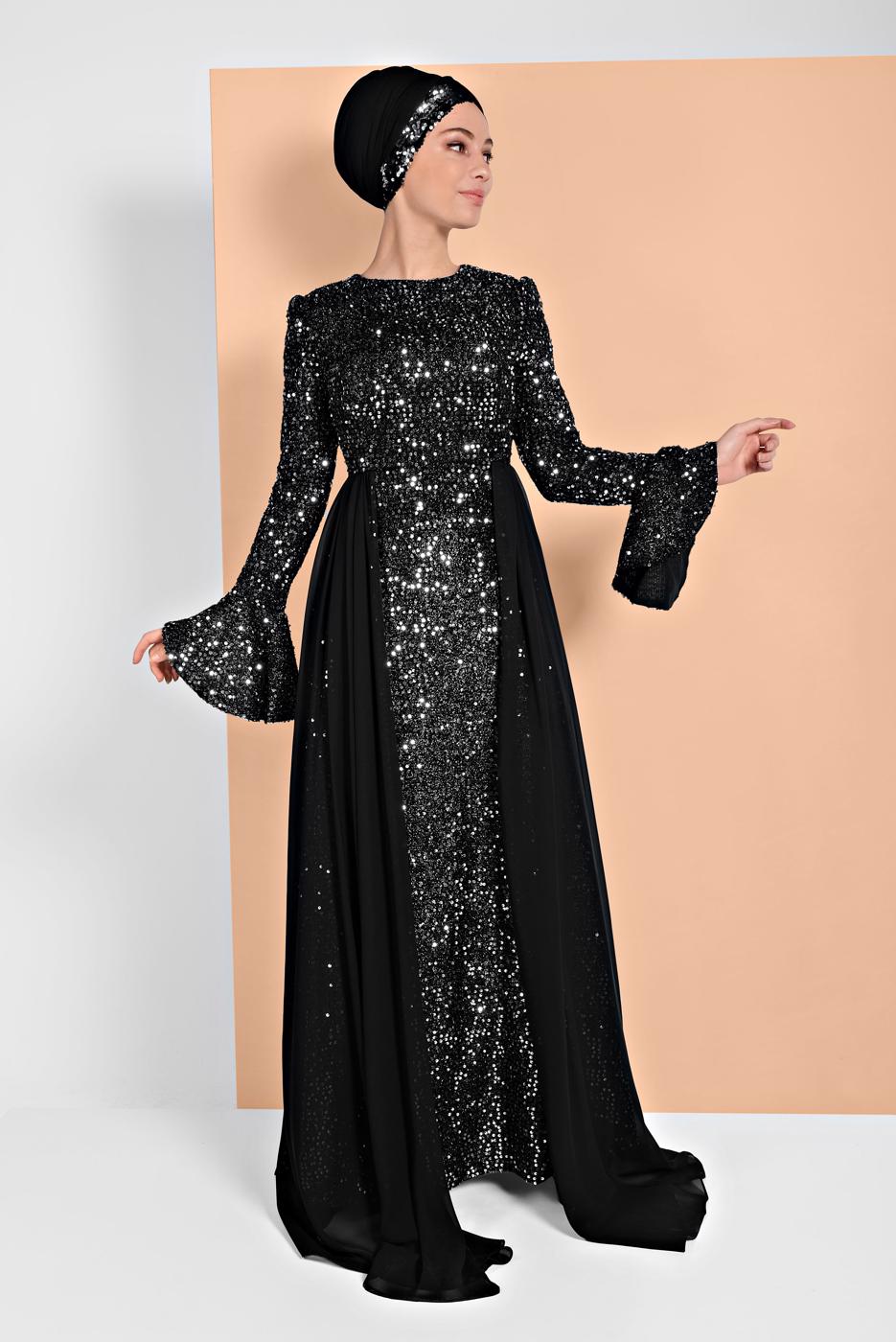 Tesettür giyim SİYAH PUL PAYETLİ ABİYE ELBİSE 1810