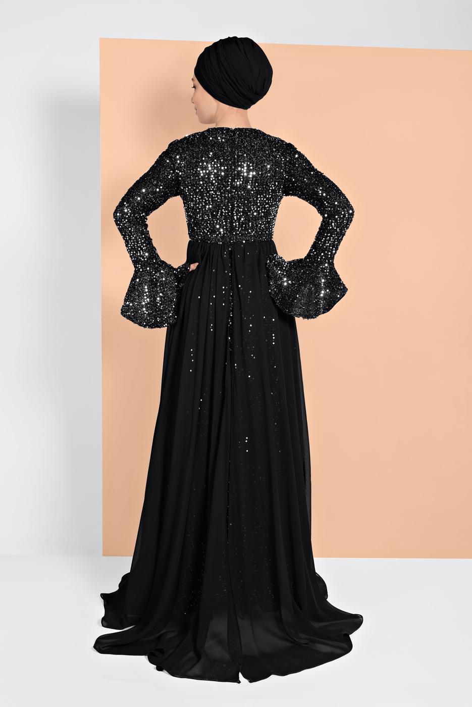 Tesettür giyim SİYAH PUL PAYETLİ ABİYE ELBİSE 1810