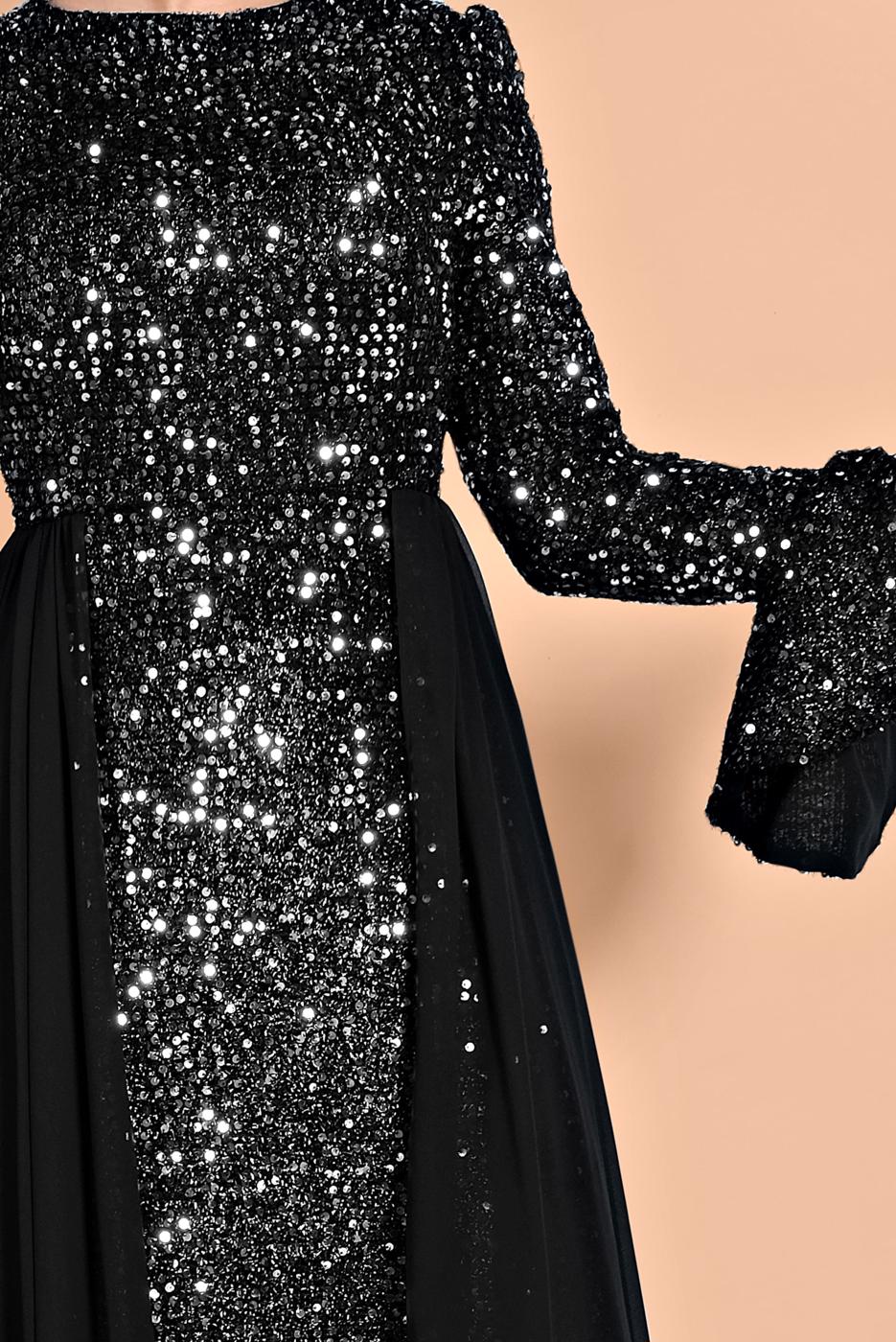 Tesettür giyim SİYAH PUL PAYETLİ ABİYE ELBİSE 1810