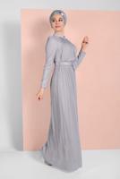 Tesettür giyim GRİ SİMLİ PİLİSELİ ABİYE ELBİSE 2810