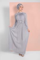 Tesettür giyim GRİ SİMLİ PİLİSELİ ABİYE ELBİSE 2810