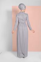 Tesettür giyim GRİ SİMLİ PİLİSELİ ABİYE ELBİSE 2810