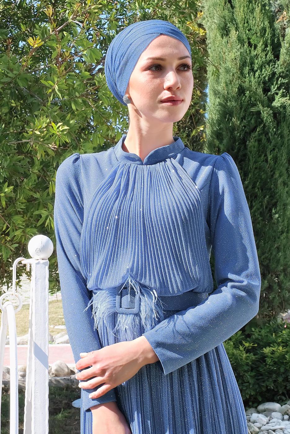 Vêtements hijab BLEU MARINE ROBE DE SOIRÉE BRILLANTE À PLISSÉE 2810 