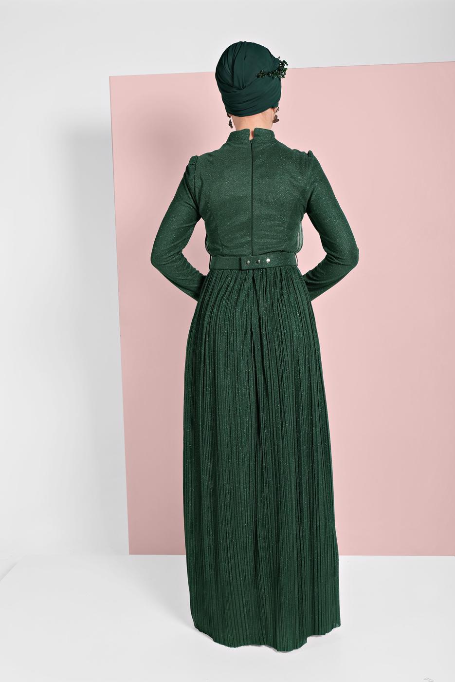 Vêtements hijab VERT ROBE DE SOIRÉE BRILLANTE À PLISSÉE 2810 