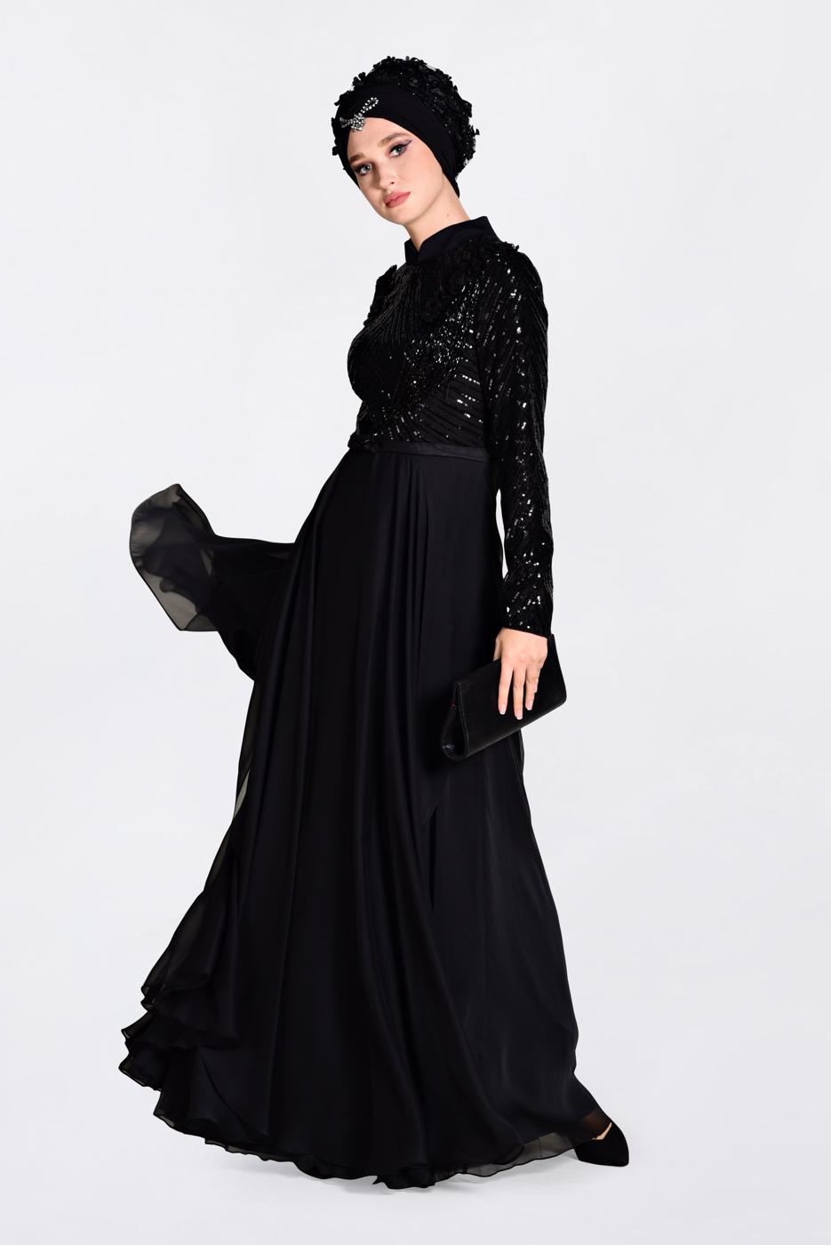 Tesettür giyim SİYAH ALVİNA BONCUK İŞLEMELİ ŞİFON ABİYE ELBİSE 5494  