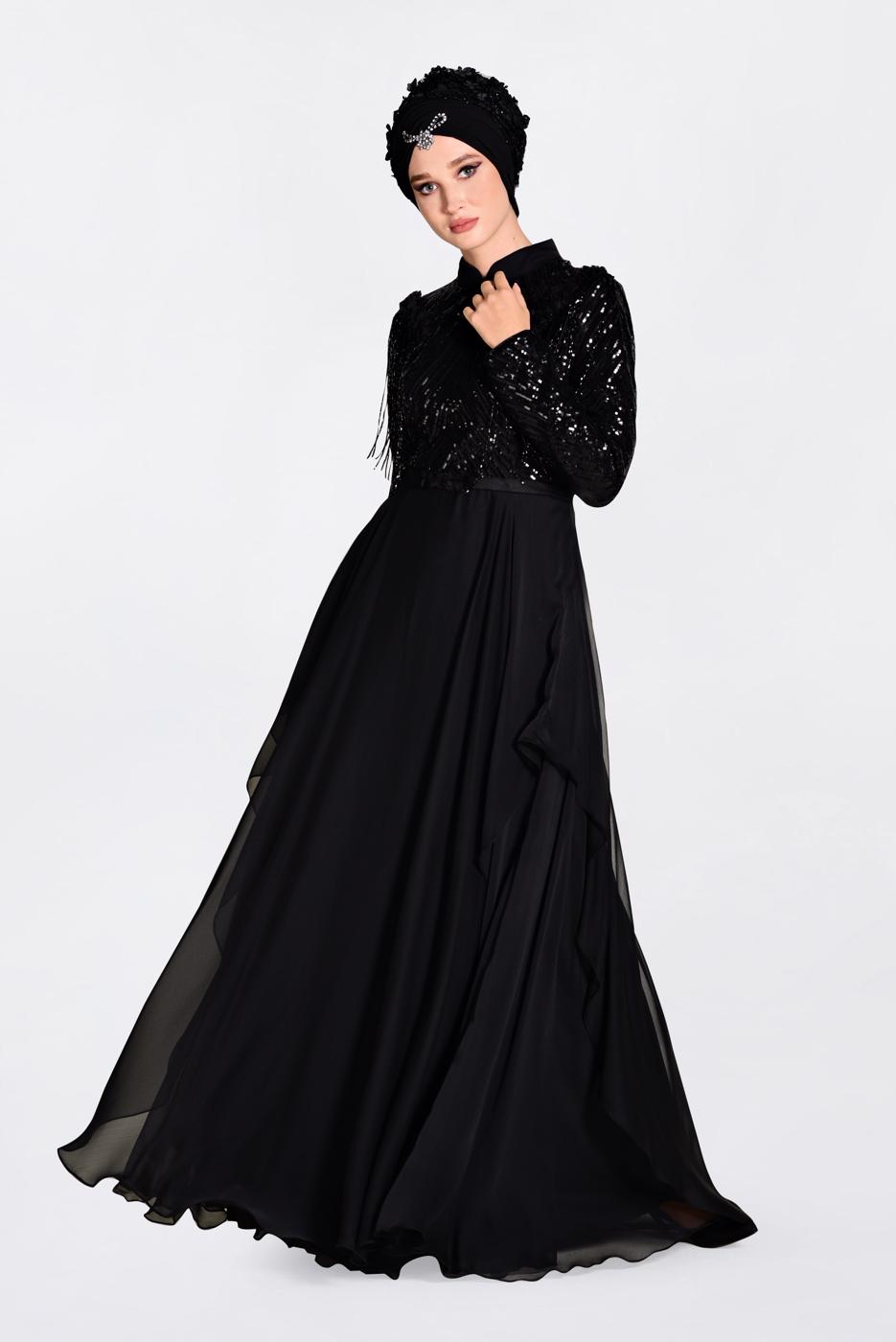 Tesettür giyim SİYAH ALVİNA BONCUK İŞLEMELİ ŞİFON ABİYE ELBİSE 5494  
