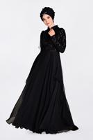 Tesettür giyim SİYAH ALVİNA BONCUK İŞLEMELİ ŞİFON ABİYE ELBİSE 5494  