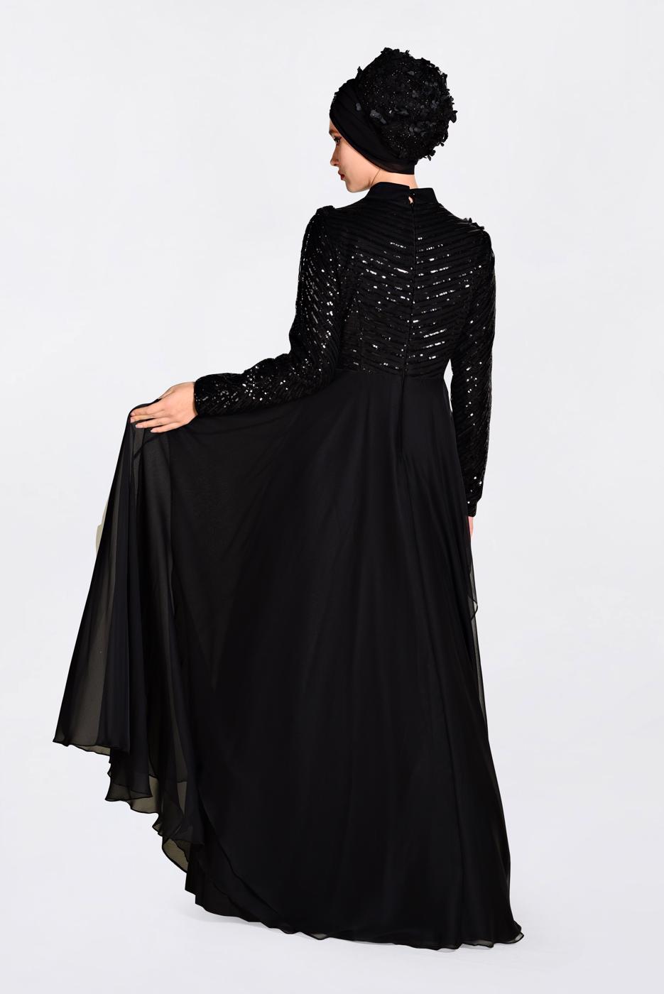 Tesettür giyim SİYAH ALVİNA BONCUK İŞLEMELİ ŞİFON ABİYE ELBİSE 5494  