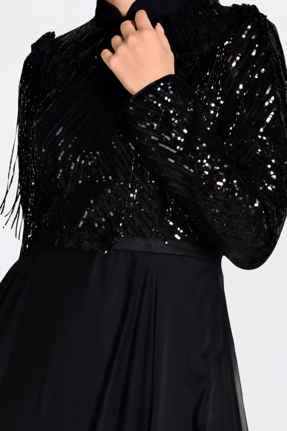 Tesettür giyim SİYAH ALVİNA BONCUK İŞLEMELİ ŞİFON ABİYE ELBİSE 5494  