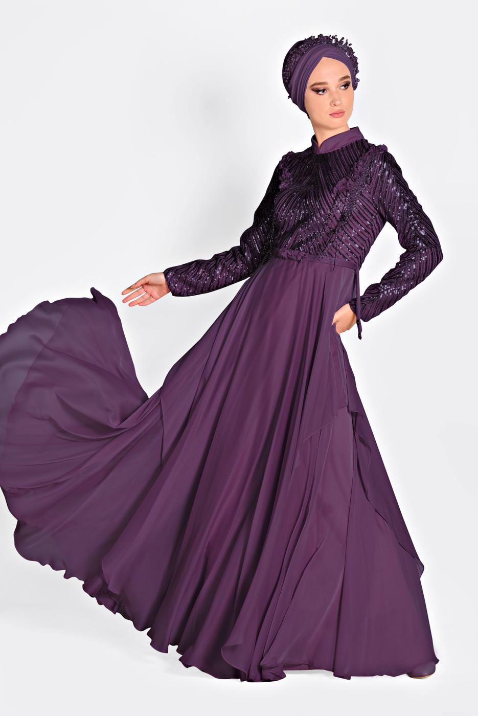 Tesettür giyim MOR ALVİNA BONCUK İŞLEMELİ ŞİFON ABİYE ELBİSE 5494  