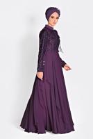 Tesettür giyim MOR ALVİNA BONCUK İŞLEMELİ ŞİFON ABİYE ELBİSE 5494  