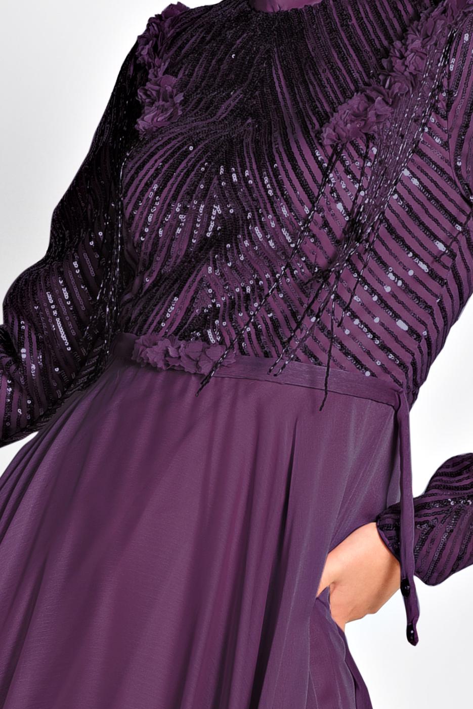 Tesettür giyim MOR ALVİNA BONCUK İŞLEMELİ ŞİFON ABİYE ELBİSE 5494  