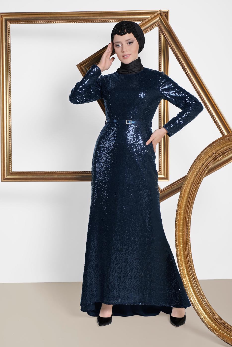 Tesettür giyim LACİVERT ALVİNA  KEMER DETAYLI PUL PAYET ABİYE ELBİSE 5578