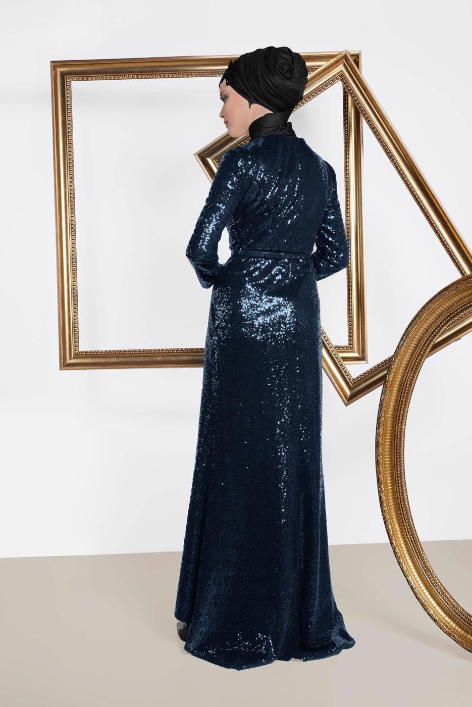 Tesettür giyim LACİVERT ALVİNA  KEMER DETAYLI PUL PAYET ABİYE ELBİSE 5578