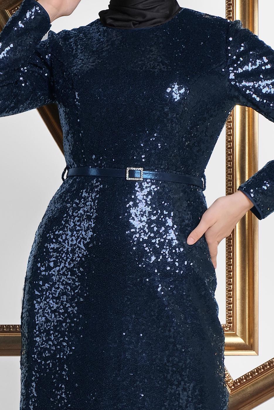 Tesettür giyim LACİVERT ALVİNA  KEMER DETAYLI PUL PAYET ABİYE ELBİSE 5578