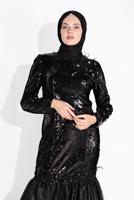 Tesettür giyim SİYAH ALVİNA ETEK UCU TÜL DETAYLI PUL PAYET ABİYE ELBİSE 5594
