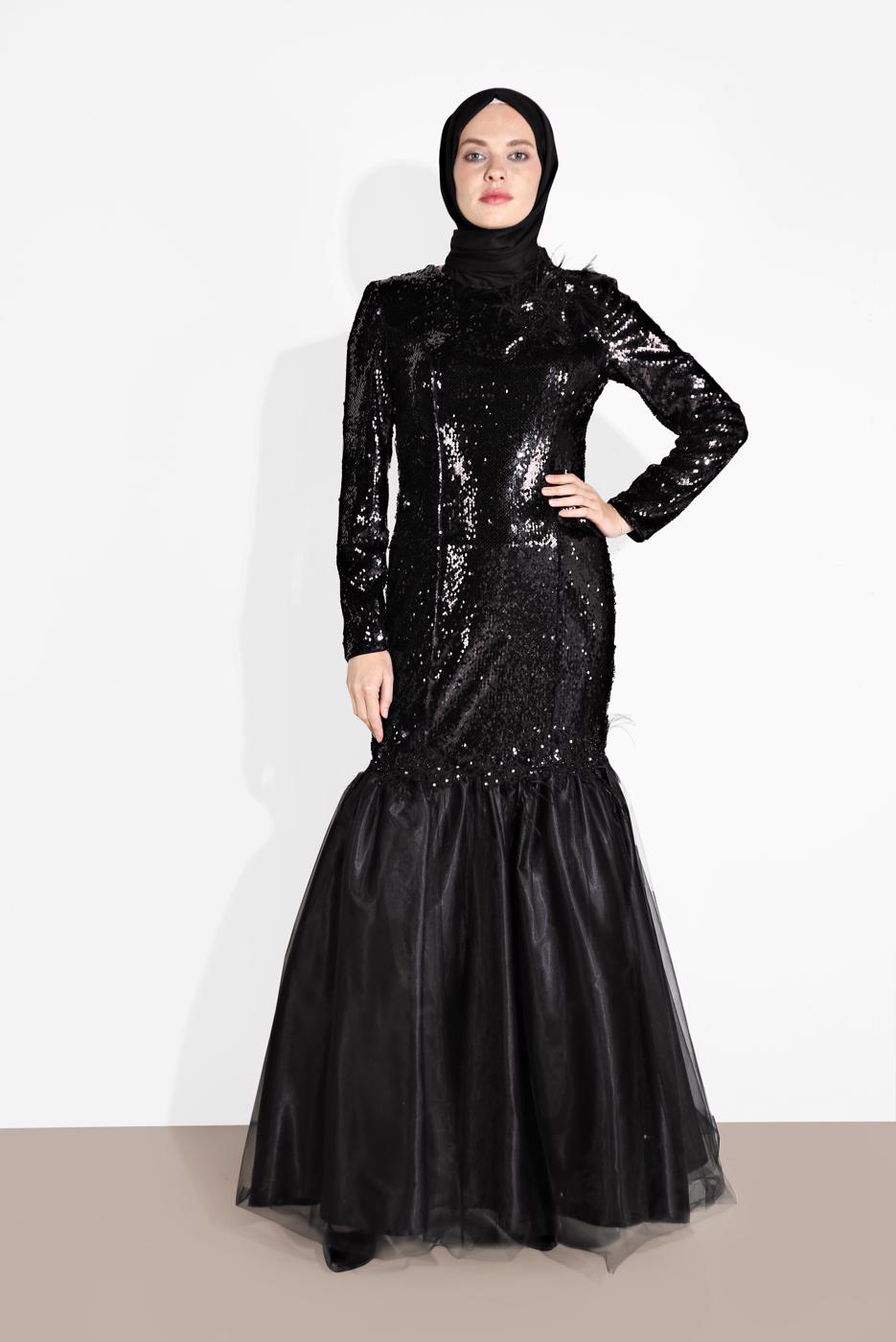 Tesettür giyim SİYAH ALVİNA ETEK UCU TÜL DETAYLI PUL PAYET ABİYE ELBİSE 5594