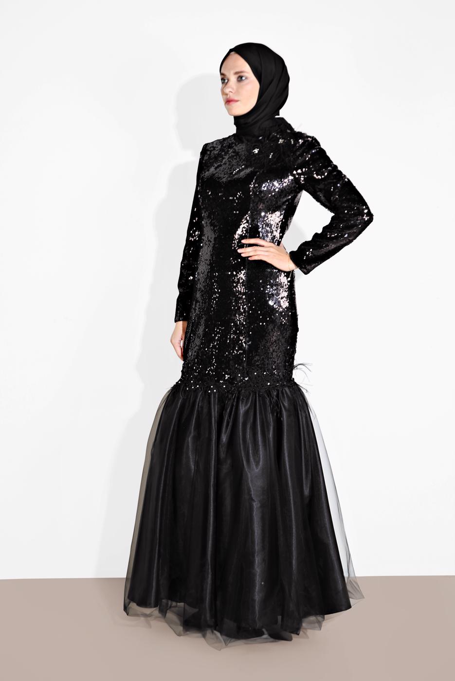 Tesettür giyim SİYAH ALVİNA ETEK UCU TÜL DETAYLI PUL PAYET ABİYE ELBİSE 5594