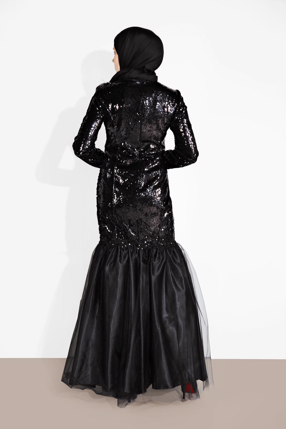 Tesettür giyim SİYAH ALVİNA ETEK UCU TÜL DETAYLI PUL PAYET ABİYE ELBİSE 5594