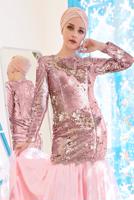 Tesettür giyim PUDRA ALVİNA ETEK UCU TÜL DETAYLI PUL PAYET ABİYE ELBİSE 5594