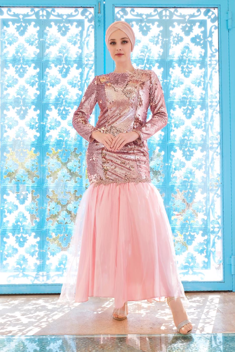 Tesettür giyim PUDRA ALVİNA ETEK UCU TÜL DETAYLI PUL PAYET ABİYE ELBİSE 5594