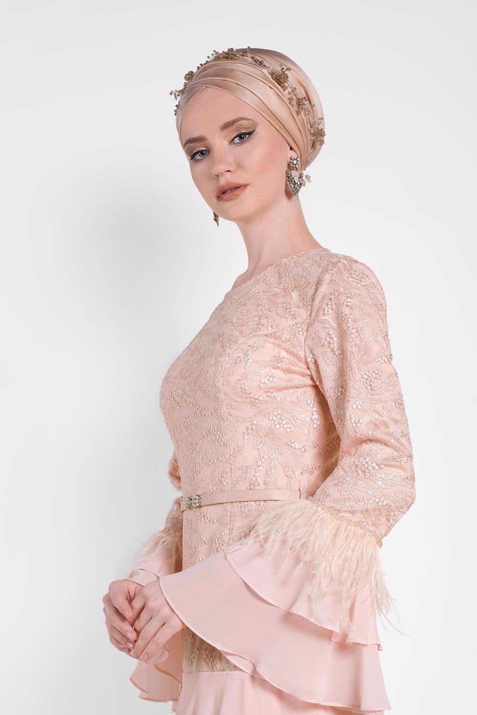 Tesettür giyim PUDRA ALVİNA FIRFIRLI İŞLEMELİ ABİYE ELBİSE T 5604