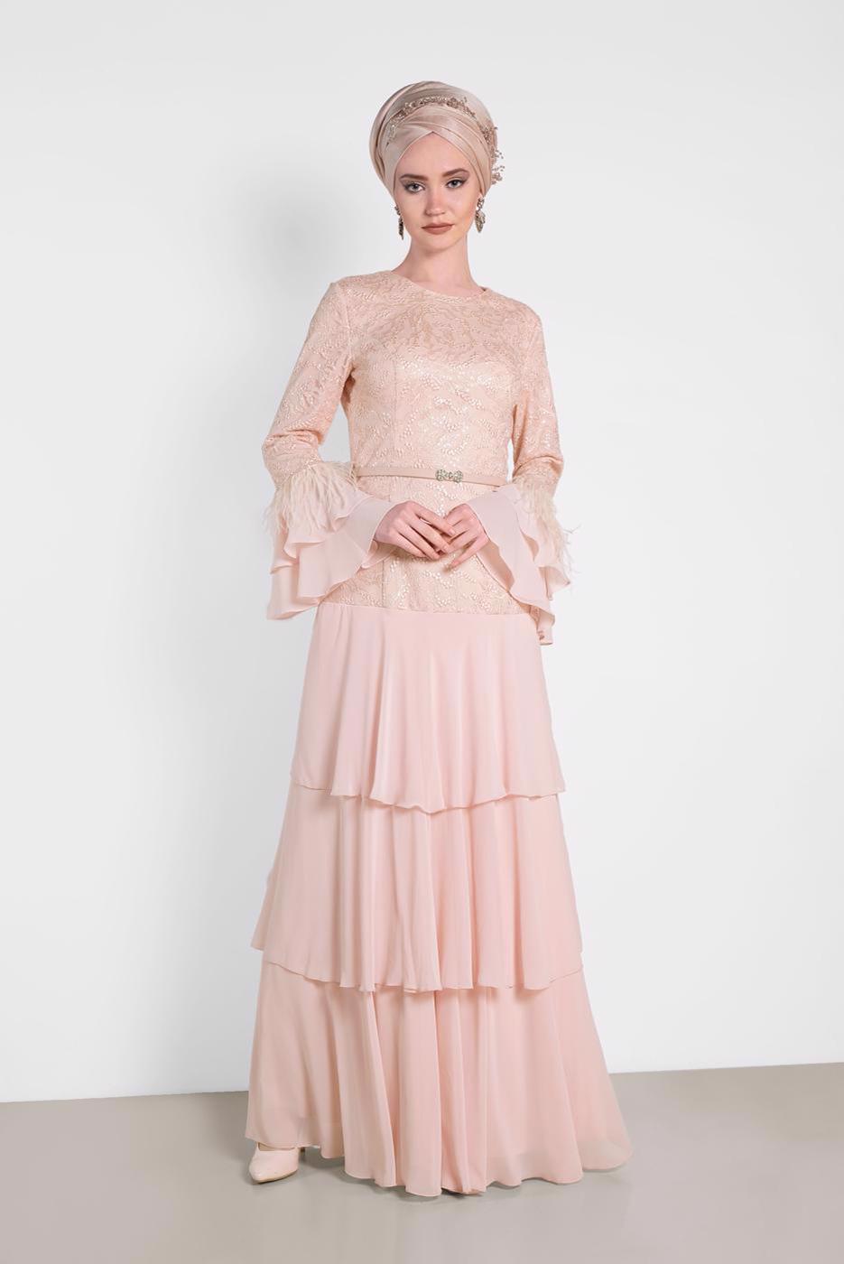 Tesettür giyim PUDRA ALVİNA FIRFIRLI İŞLEMELİ ABİYE ELBİSE T 5604