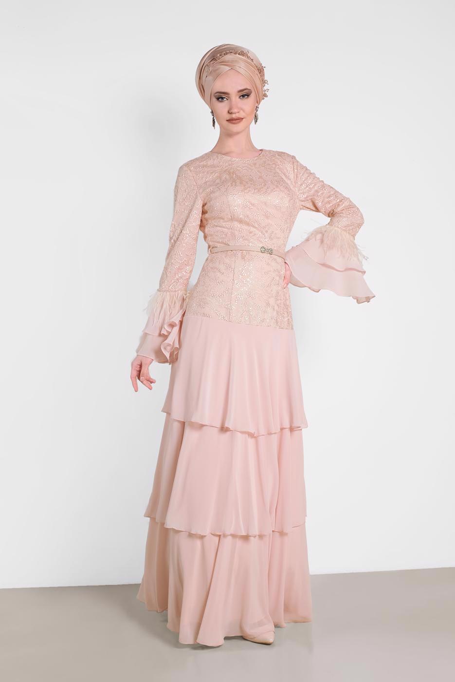 Tesettür giyim PUDRA ALVİNA FIRFIRLI İŞLEMELİ ABİYE ELBİSE T 5604