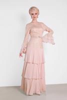 Tesettür giyim PUDRA ALVİNA FIRFIRLI İŞLEMELİ ABİYE ELBİSE T 5604