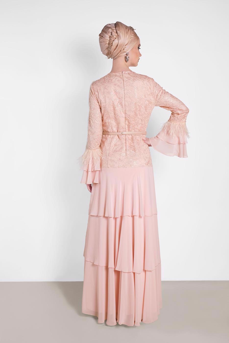 Tesettür giyim PUDRA ALVİNA FIRFIRLI İŞLEMELİ ABİYE ELBİSE T 5604