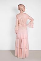 Tesettür giyim PUDRA ALVİNA FIRFIRLI İŞLEMELİ ABİYE ELBİSE T 5604