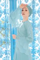 Tesettür giyim MAVİ ALVİNA FIRFIRLI İŞLEMELİ ABİYE ELBİSE T 5604