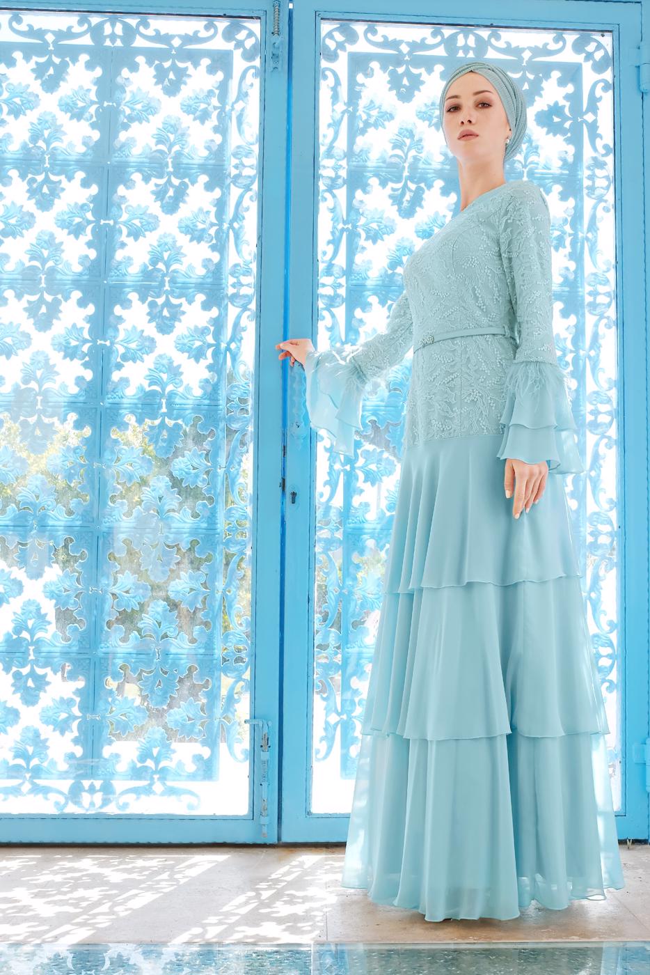 Tesettür giyim MAVİ ALVİNA FIRFIRLI İŞLEMELİ ABİYE ELBİSE T 5604