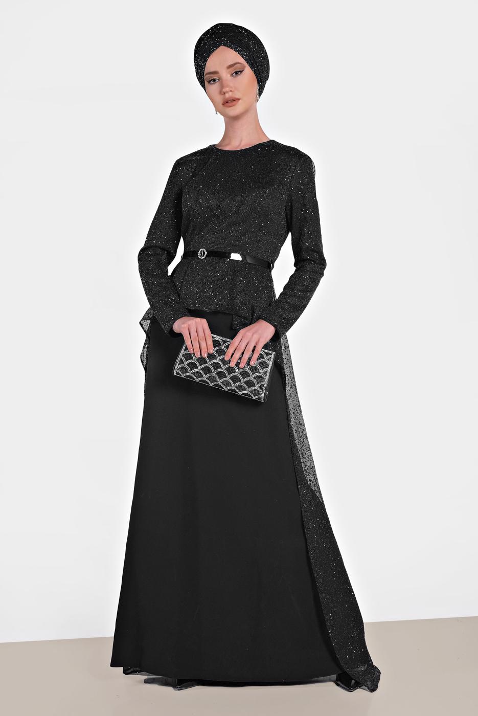 Tesettür giyim SİYAH ALVİNA SİMLİ ABİYE ELBİSE 5613