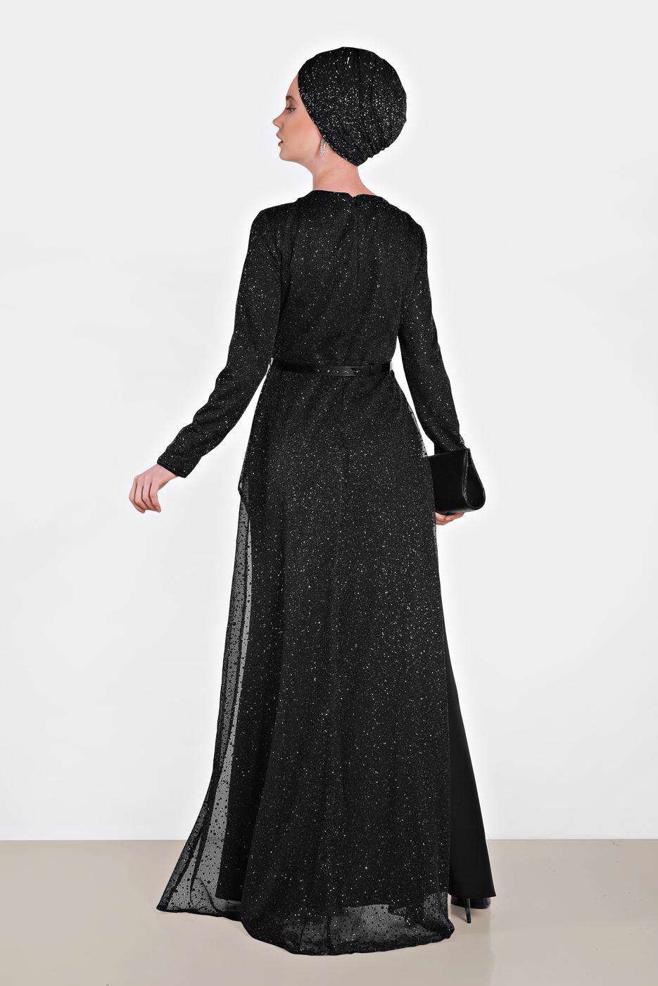 Tesettür giyim SİYAH ALVİNA SİMLİ ABİYE ELBİSE 5613