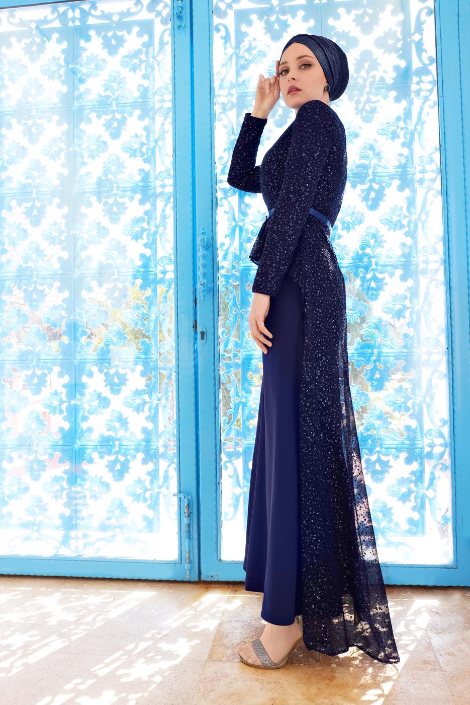Tesettür giyim LACİVERT ALVİNA SİMLİ ABİYE ELBİSE 5613