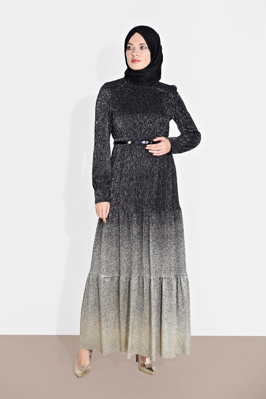 Tesettür giyim SİYAH ALVİNA DEGRADE GEÇİŞLİ SİMLİ ABİYE ELBİSE 5622