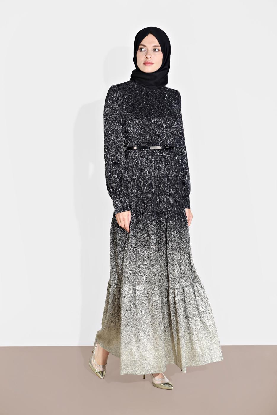 Tesettür giyim SİYAH ALVİNA DEGRADE GEÇİŞLİ SİMLİ ABİYE ELBİSE 5622
