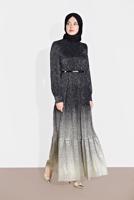 Tesettür giyim SİYAH ALVİNA DEGRADE GEÇİŞLİ SİMLİ ABİYE ELBİSE 5622