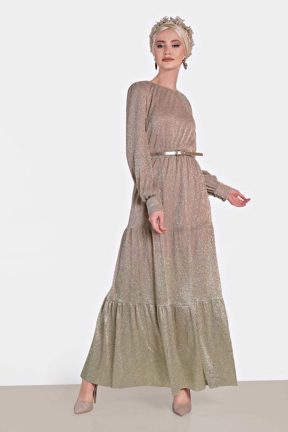 Tesettür giyim PUDRA ALVİNA DEGRADE GEÇİŞLİ SİMLİ ABİYE ELBİSE 5622