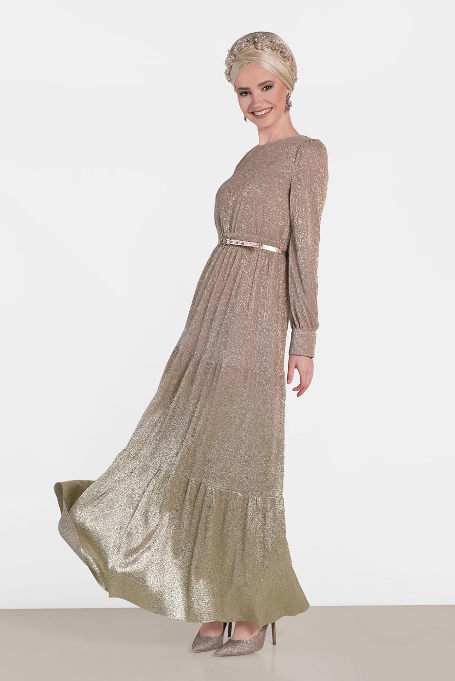 Tesettür giyim PUDRA ALVİNA DEGRADE GEÇİŞLİ SİMLİ ABİYE ELBİSE 5622