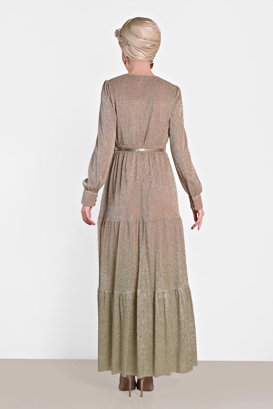 Tesettür giyim PUDRA ALVİNA DEGRADE GEÇİŞLİ SİMLİ ABİYE ELBİSE 5622